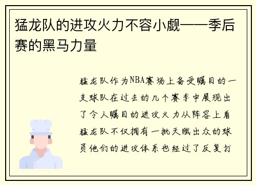 猛龙队的进攻火力不容小觑——季后赛的黑马力量